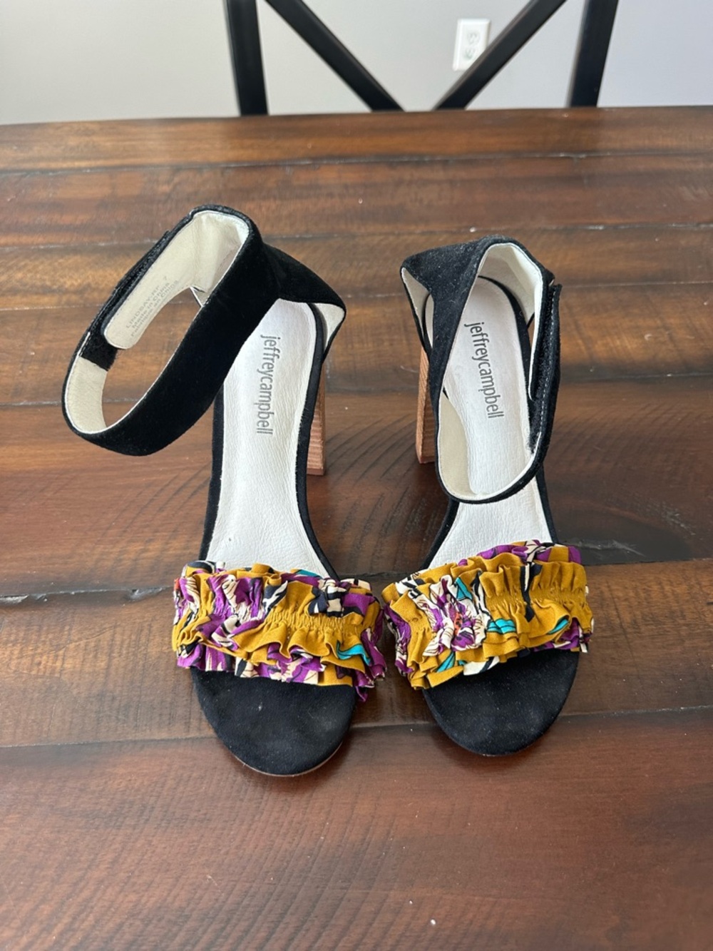 Jeffrey Campbell Black Suede Ankle-Strap Heels with Mustard & Purple Ruffle